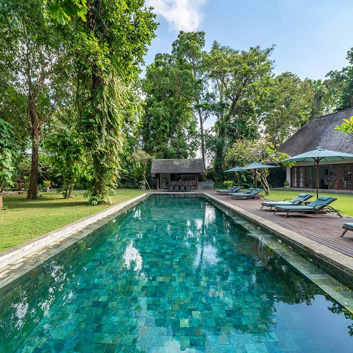 Villa Tirtadari - luxurious swimming pool nestled amidst lush greenery.